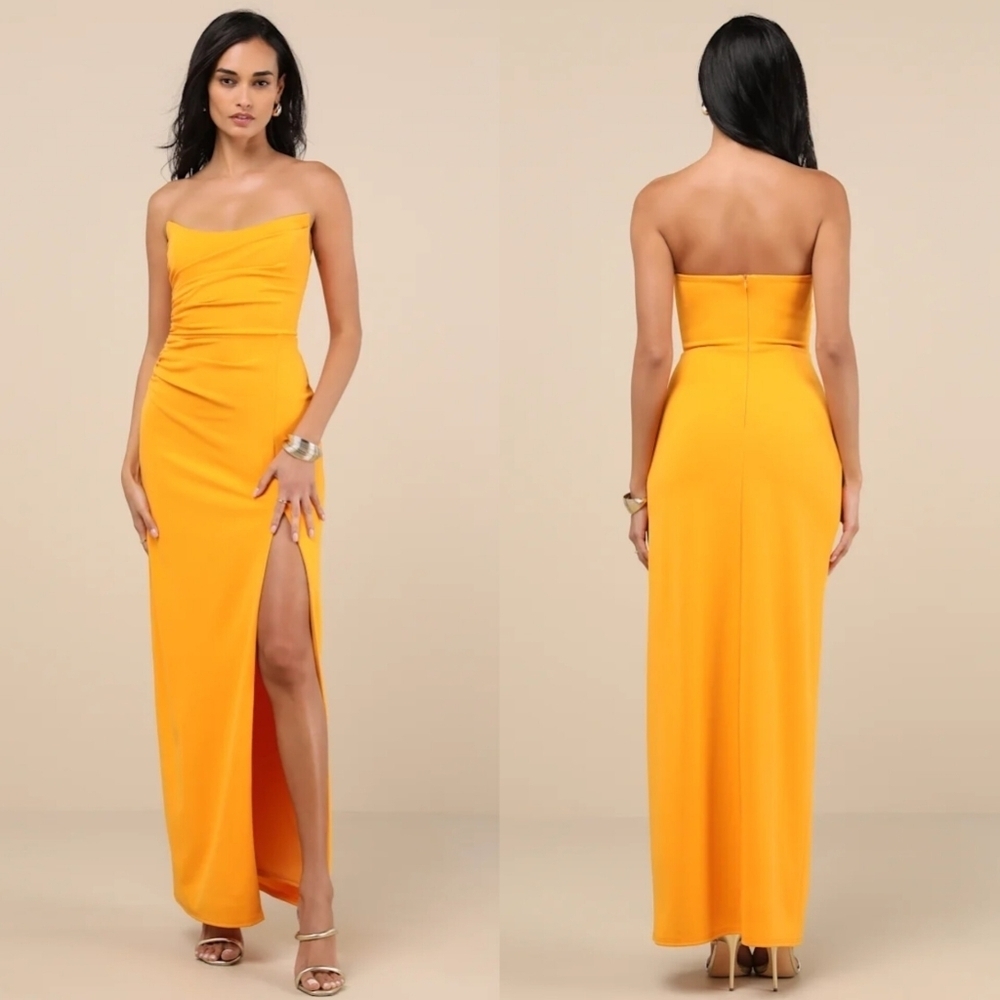 Lulus Malia Golden Yellow Ruched Strapless Maxi Dress Xs Wedding Party Prom